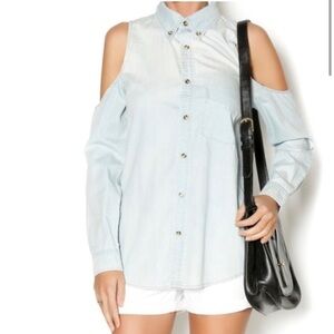Lovers + Friends Chambray Cold Shoulder Shirt Size S Small 90s Denim Button Down